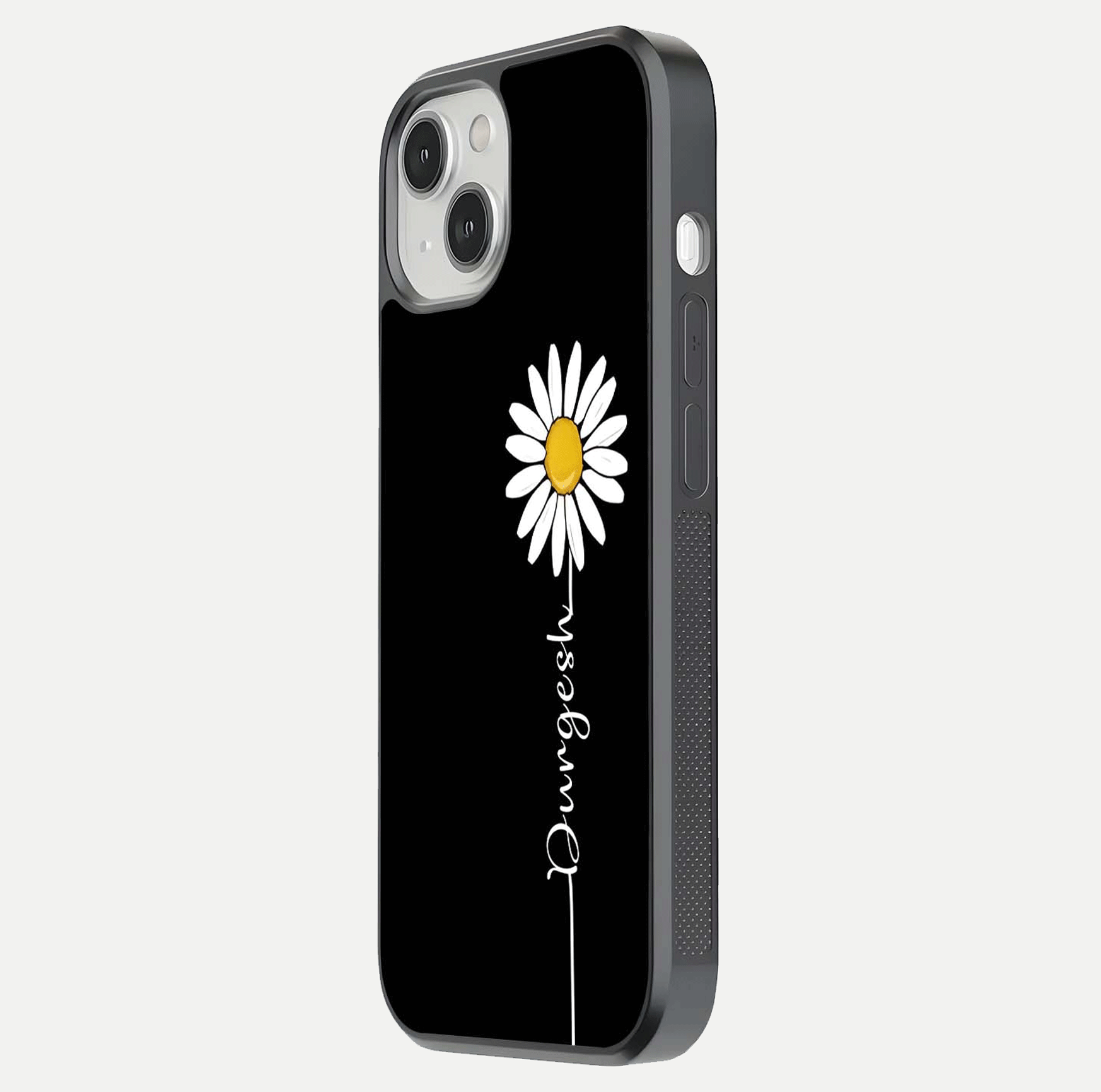 Custom Name White Flower Glass Case for iPhone 13 Mini side-angle photo showing reflection shine and name clarity