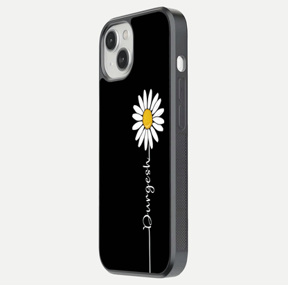 Custom Name White Flower Glass Case for iPhone 13 Mini side-angle photo showing reflection shine and name clarity