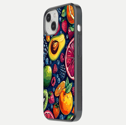 Cute Fruits Art Glass Case for iPhone 13 Mini side-angle photo showing reflective finish and smooth edges