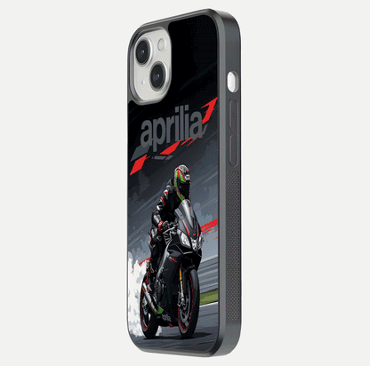 Dark Aprilla Glass Case for iPhone 13 Mini side-angle photo showing reflection gloss and curved edge finish