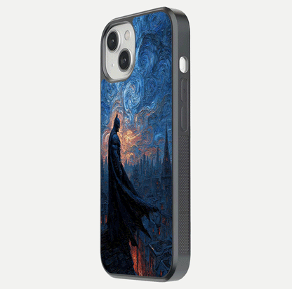 Dark Knight Dusk Glass Case for iPhone 13 Mini side-angle image capturing reflection shine and bold contrast