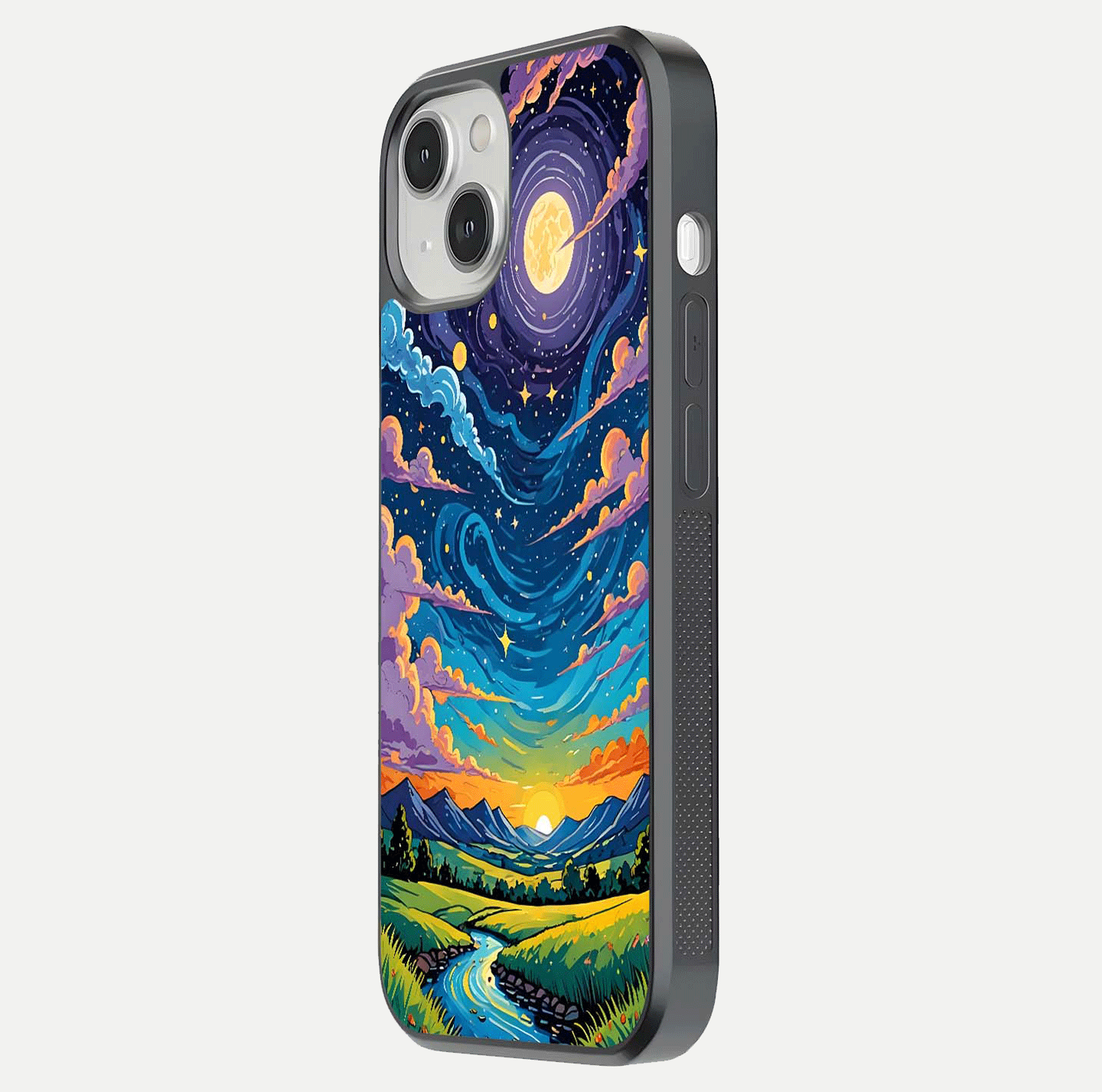 Dreamy Night Landscape Glass Case for iPhone 13 Mini side-angle photo capturing reflection glow and edge detail
