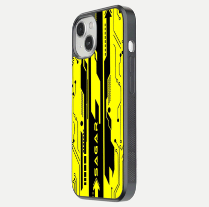 Electric Pulse CYBERPUNK Custom Name Glass Case for iPhone 13 Mini side-angle image showing glossy reflection and edge illumination
