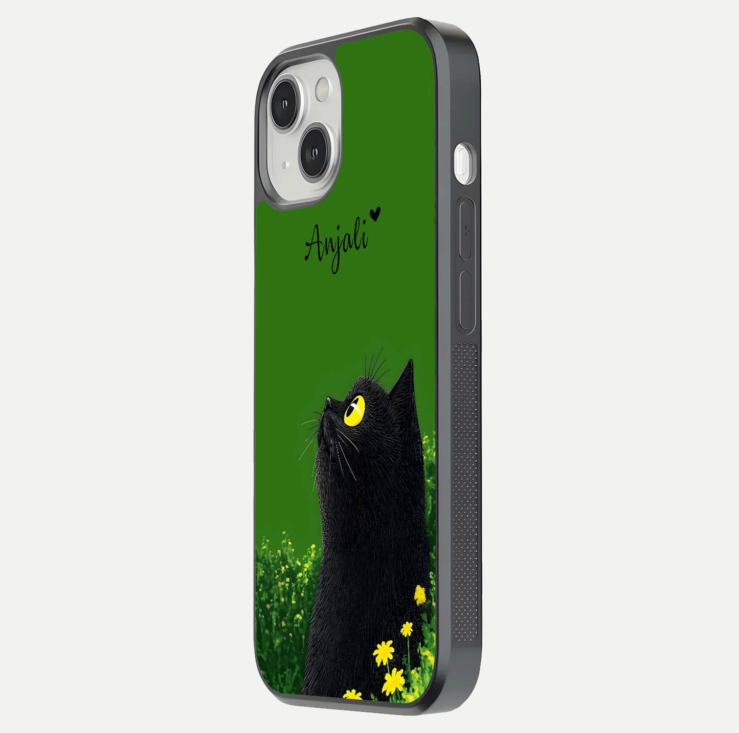 Emerald Cat Custom Name Glass Case for iPhone 13 Mini side-angle photo showing name clarity and glass reflection