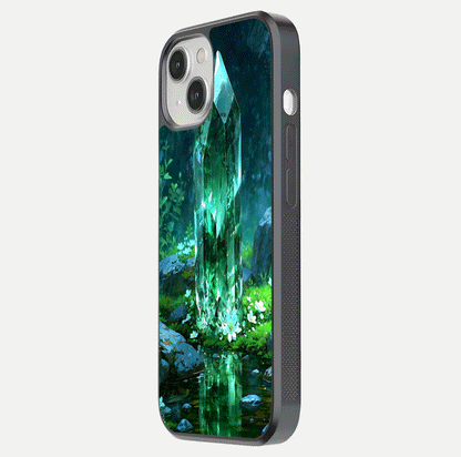 Emerald Light Crystal Glass Case for iPhone 13 Mini side-angle image showing gloss reflection and curved border