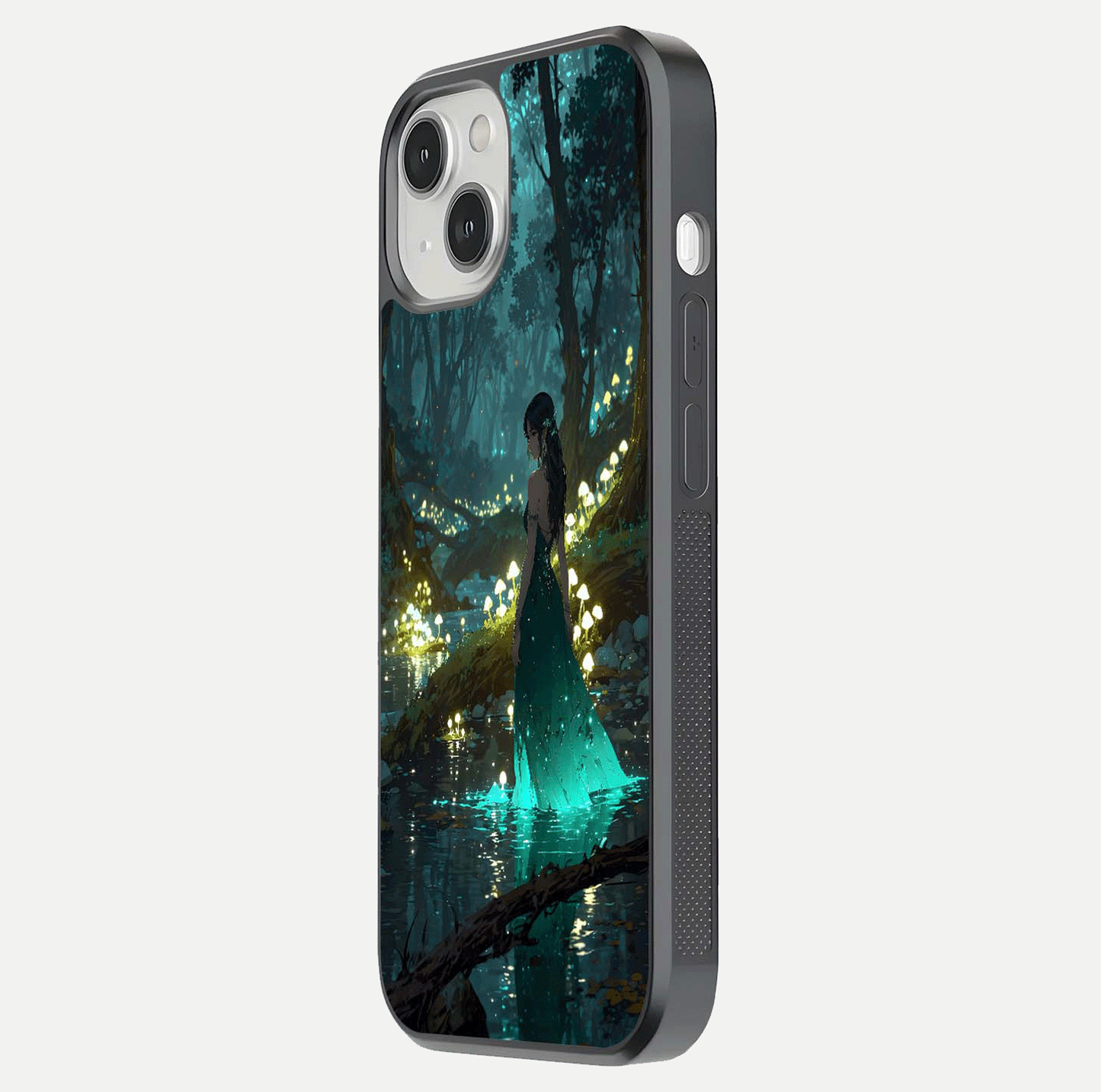 Enchanted Forest Glow Glass Case for iPhone 13 Mini side-angle image capturing shine reflection and rich detail