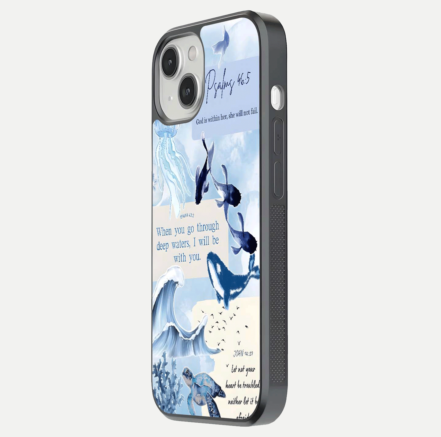 Faithful Ocean Promise Glass Case for iPhone 13 Mini side-angle photo showing reflection glow and color clarity