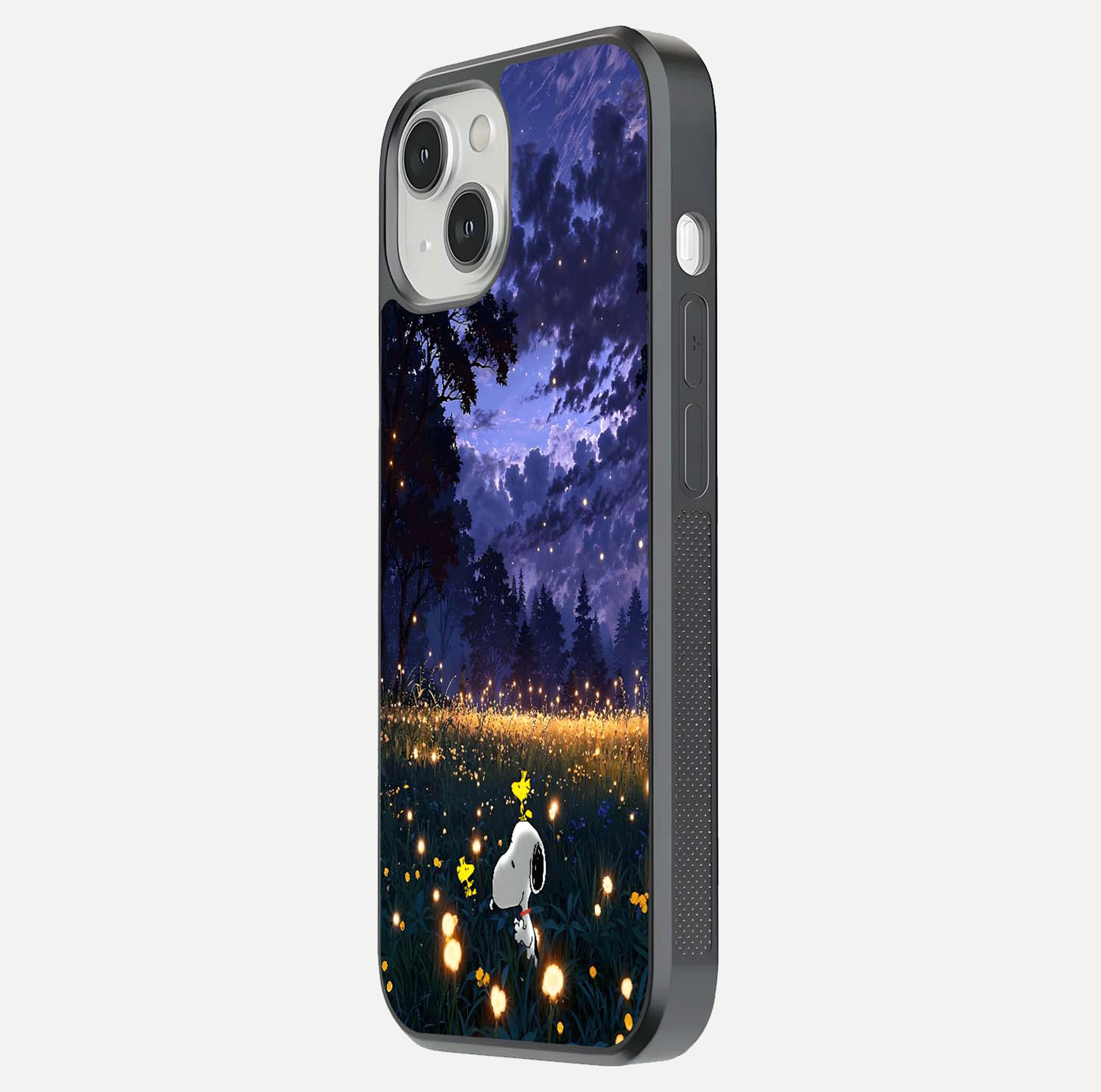 Firefly Meadow Magic Glass Case for iPhone 13 Mini side-angle image capturing glow reflection and fine texture