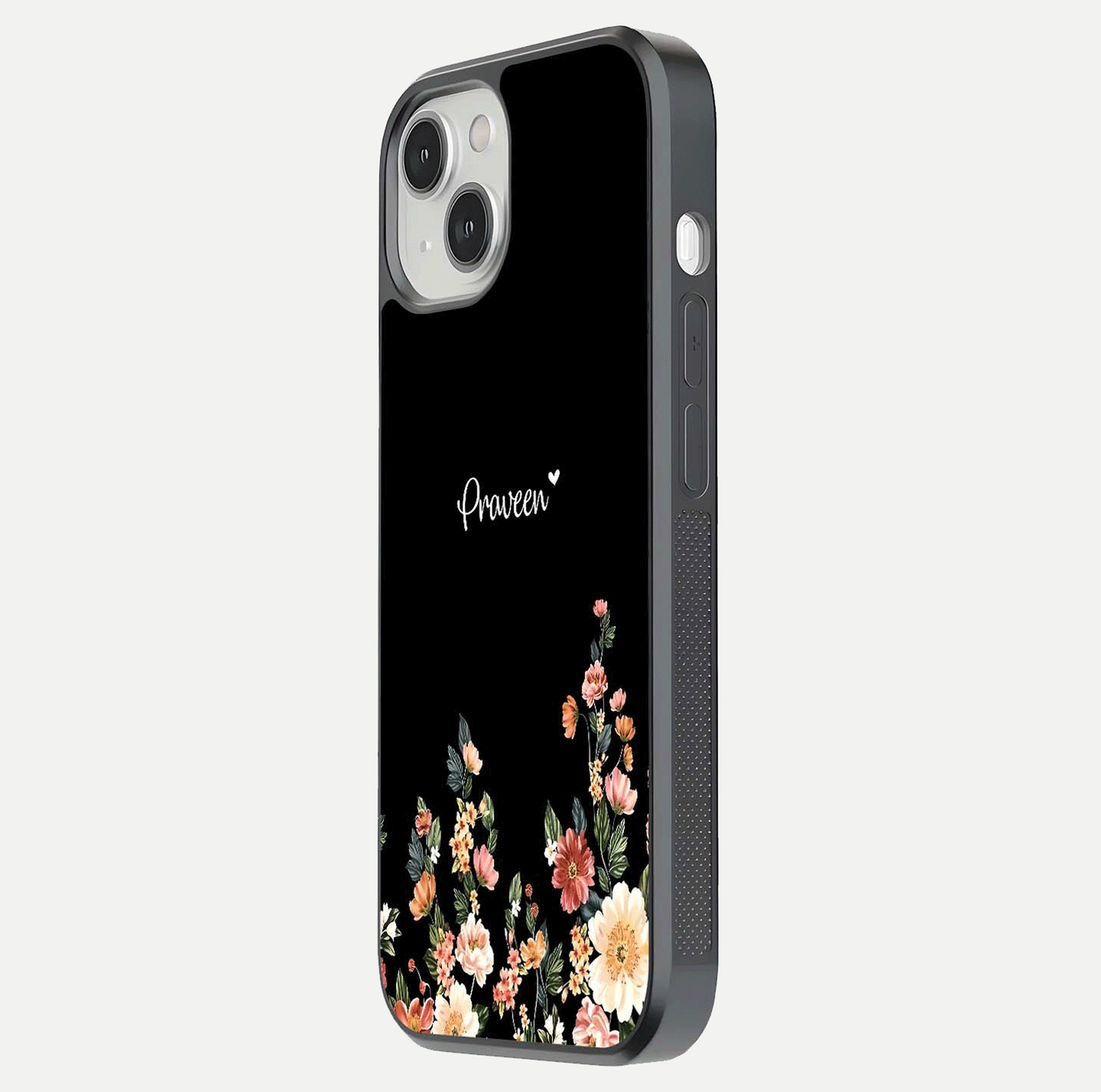 Floral Design Personalized Custom Name Glass Case for iPhone 13 Mini side-angle image showing name alignment and gloss shine