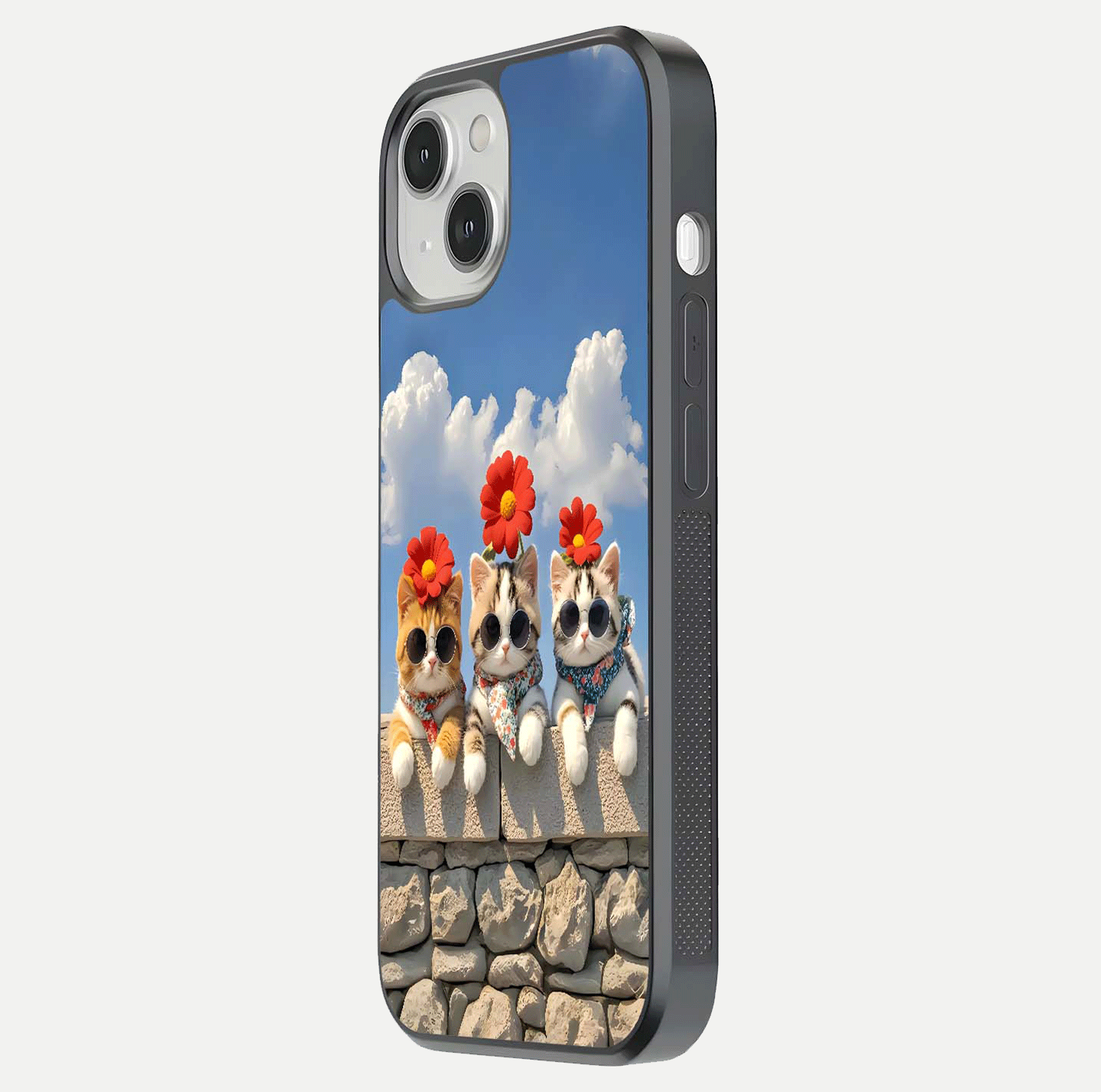 Floral Kitty Squad Glass Case for iPhone 13 Mini side-angle photo showing reflection glow and polished surface