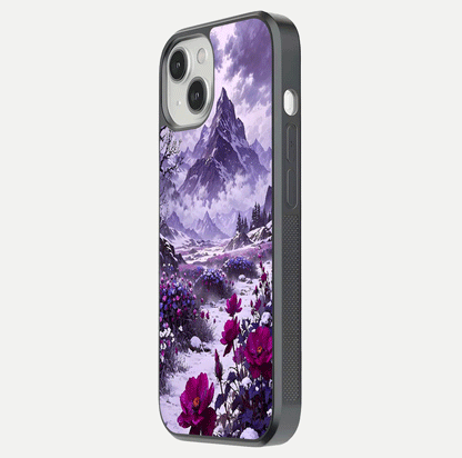 Flower Mountain View Glass Case for iPhone 13 Mini side-angle image showing gloss polish and smooth edge