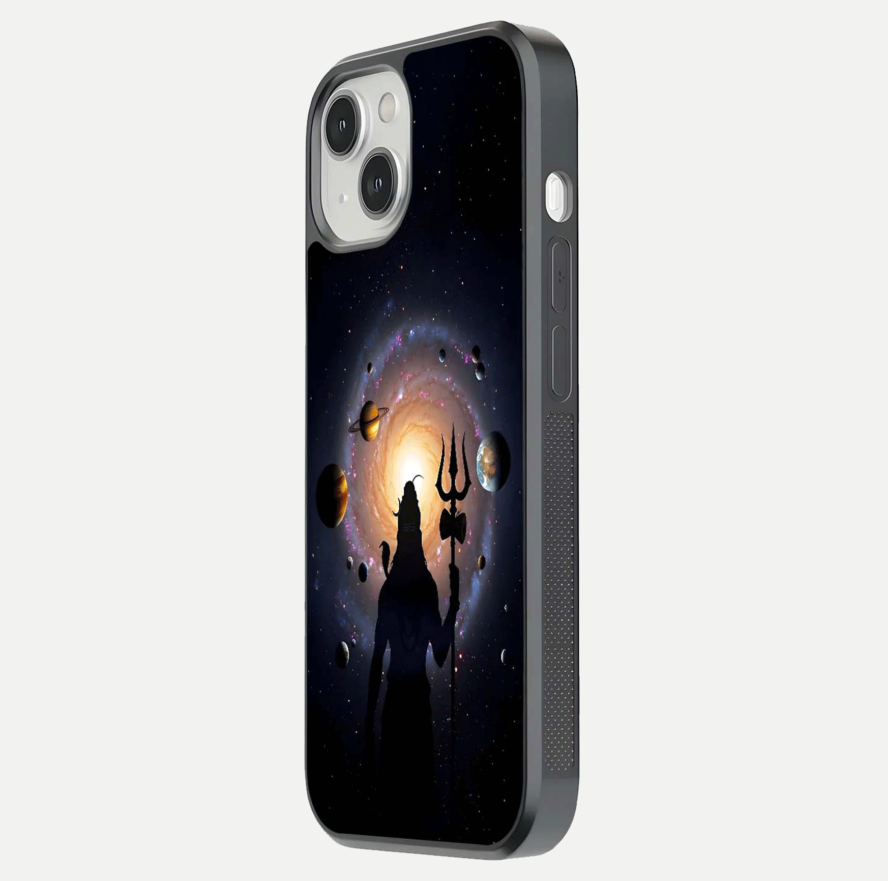 Galactic Shiva Vision Glass Case for iPhone 13 Mini side-angle image showing light reflection, glass edges, and spiritual cosmic theme