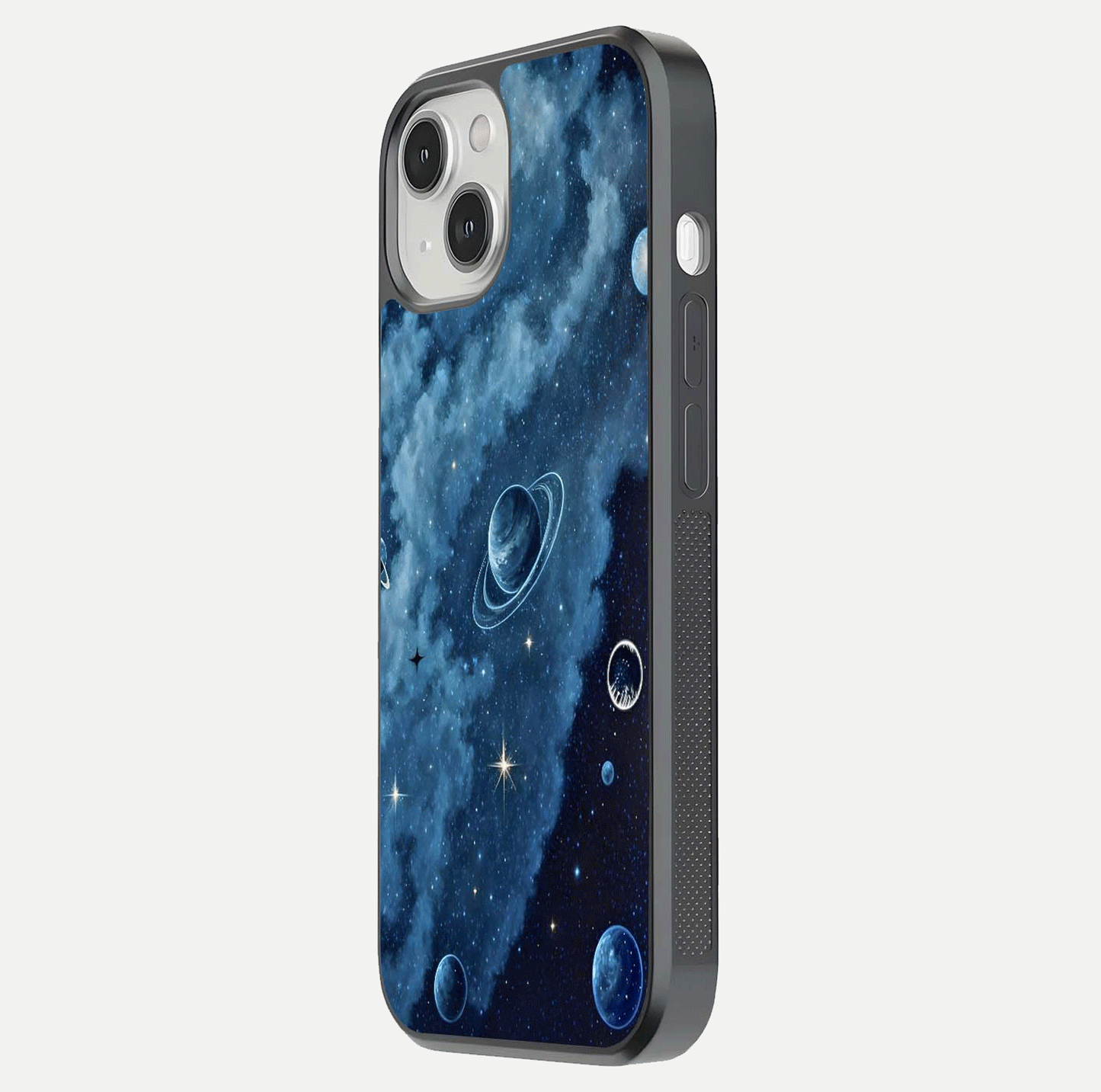 Galaxy Dream Space Glass Case for iPhone 13 Mini side-angle image capturing reflection clarity and galactic texture