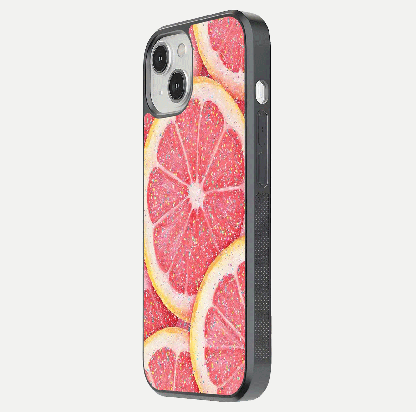 Glitter Grapefruit Glass Case for iPhone 13 Mini side-angle image showing reflection glow and polished edges