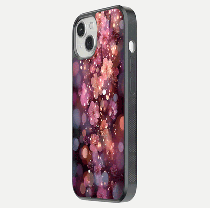 Glowing Petal Bliss Glass Case for iPhone 13 Mini side-angle image showing light reflection and soft floral texture