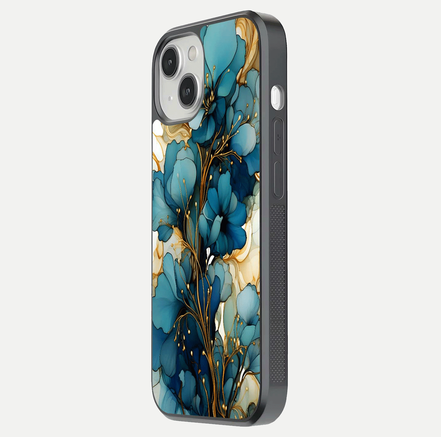 Golden Bloom Symphony Glass Case for iPhone 13 Mini side-angle image showing golden glow, light reflection, and premium surface