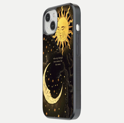 Golden Lunar Love Glass Case for iPhone 13 Mini side-angle image showing reflection brilliance and smooth golden tone