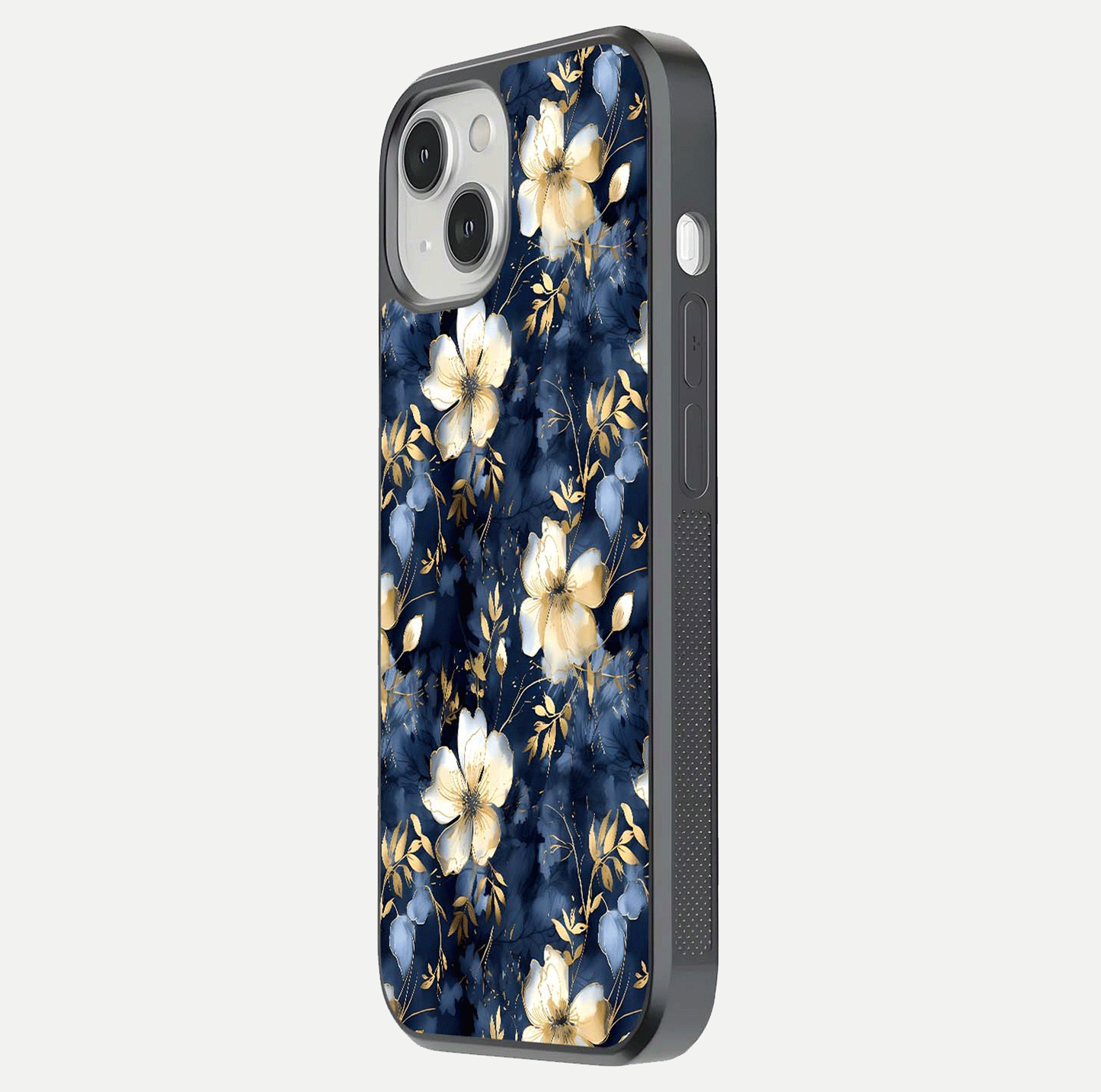 Golden Midnight Bloom Glass Case for iPhone 13 Mini side-angle image showing shine depth and elegant edge design