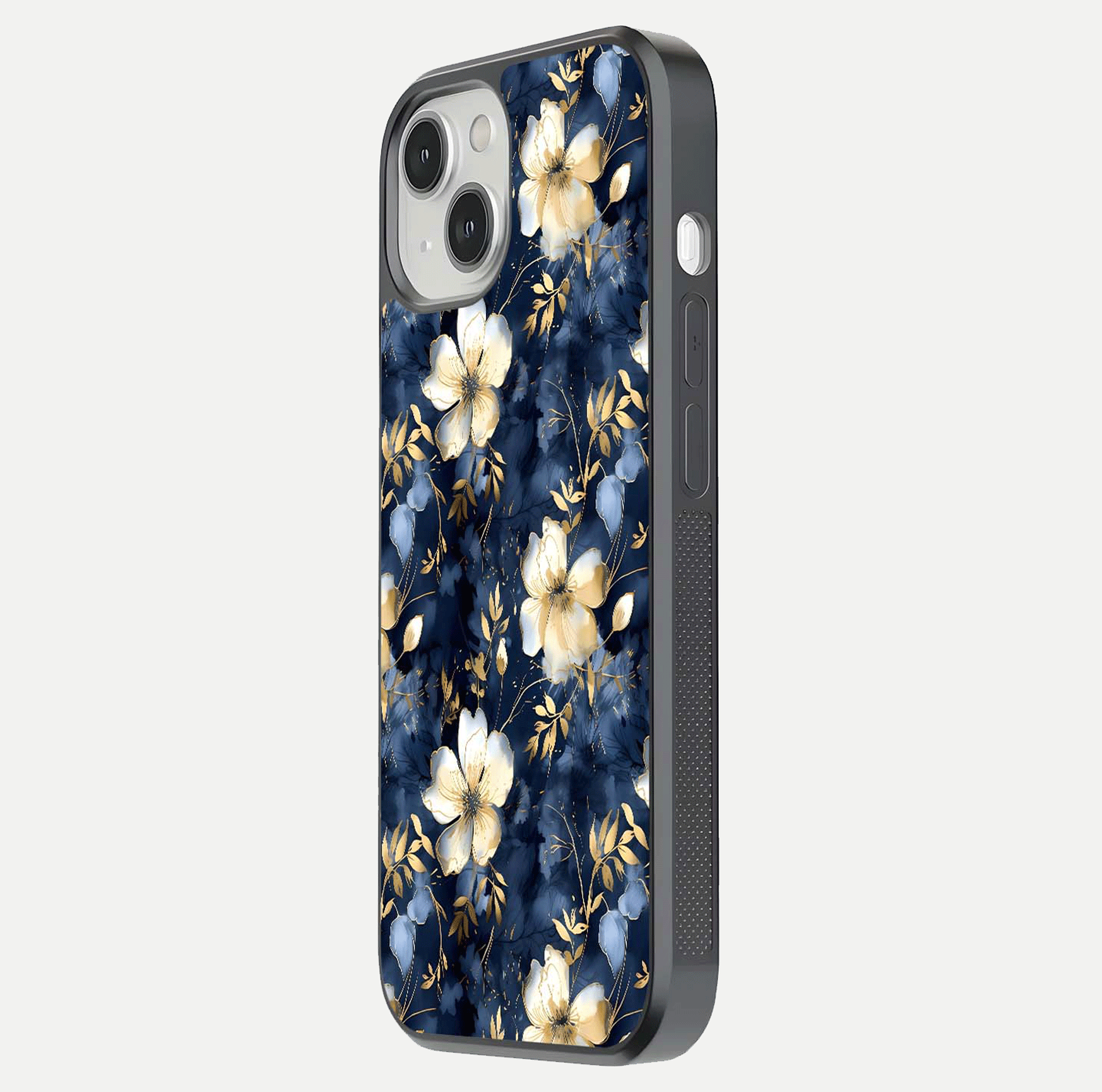 Golden Midnight Bloom Glass Case for iPhone 13 Mini side-angle image showing shine depth and elegant edge design