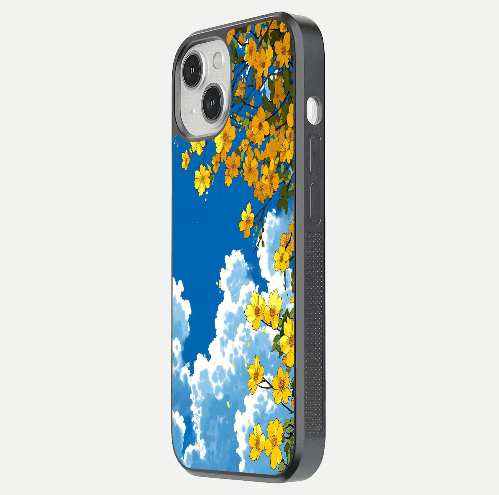 Golden Petal Sky Glass Case for iPhone 13 Mini side-angle image showing reflection depth and metallic floral tones