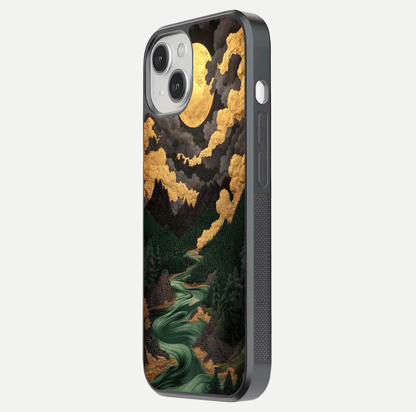 Golden River Moon Glass Case for iPhone 13 Mini side-angle image showing reflection clarity and detailed nightscape