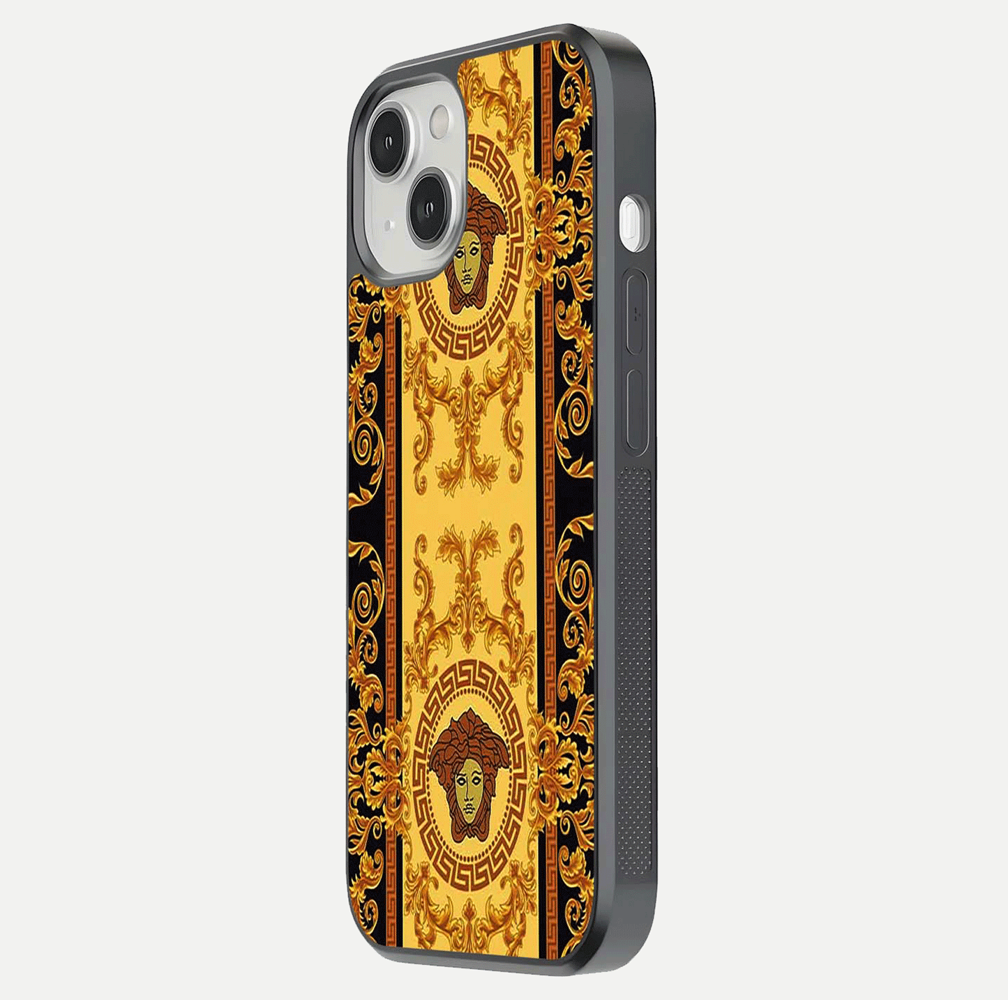 Golden Royal Heritage Glass Case for iPhone 13 Mini side-angle image showing reflection glow and luxury detailing