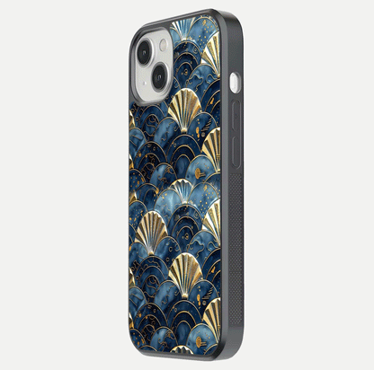 Golden Wave Luxe Glass Case for iPhone 13 Mini side-angle image showing reflection clarity and polished finish