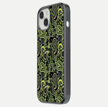 Green Mandala Pattern Glass Case for iPhone 13 Mini side-angle image showing reflection clarity and detailed pattern lines