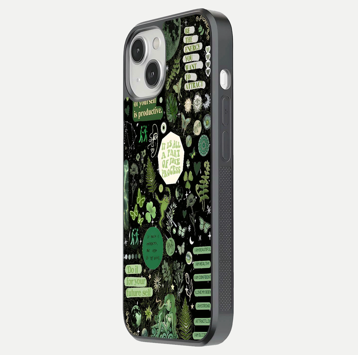 Green Moon Energy Glass Case for iPhone 13 Mini side-angle image showing reflection brilliance and curved finish
