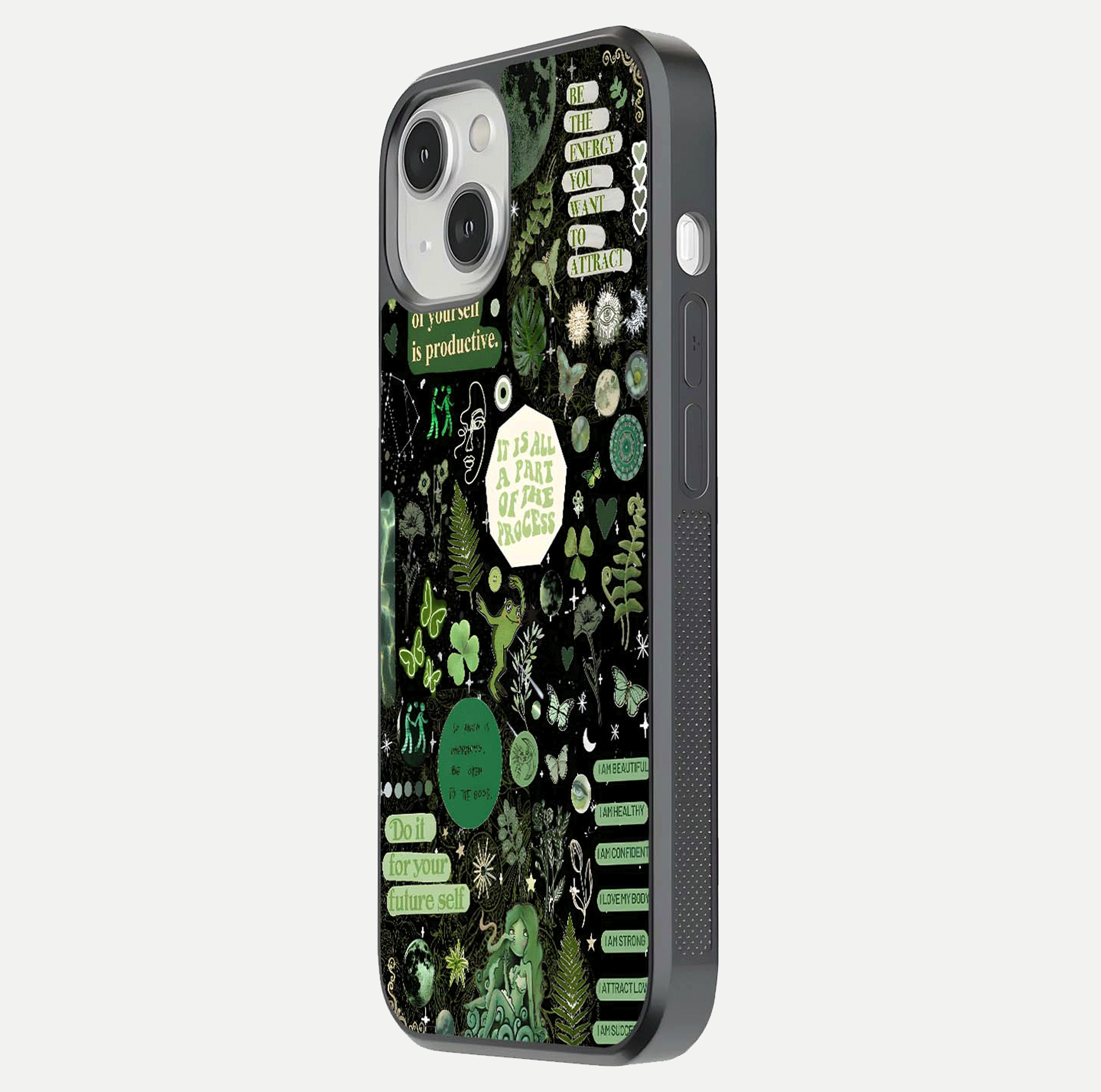 Green Moon Energy Glass Case for iPhone 13 Mini side-angle image showing reflection brilliance and curved finish