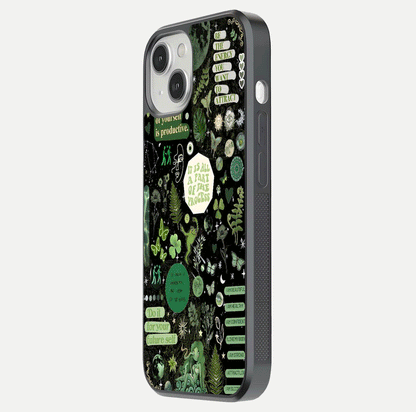 Green Moon Energy Glass Case for iPhone 13 Mini side-angle image showing reflection brilliance and curved finish