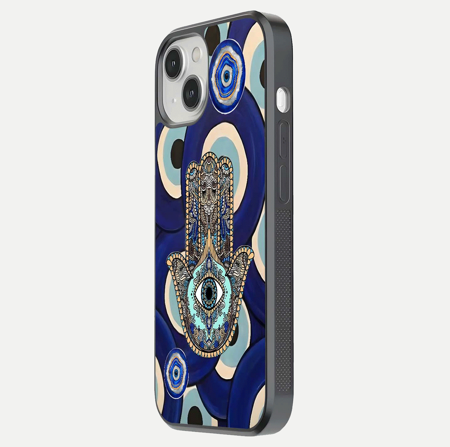 Hamsa Divine Guard Glass Case for iPhone 13 Mini side-angle image showing reflection brilliance and protective design