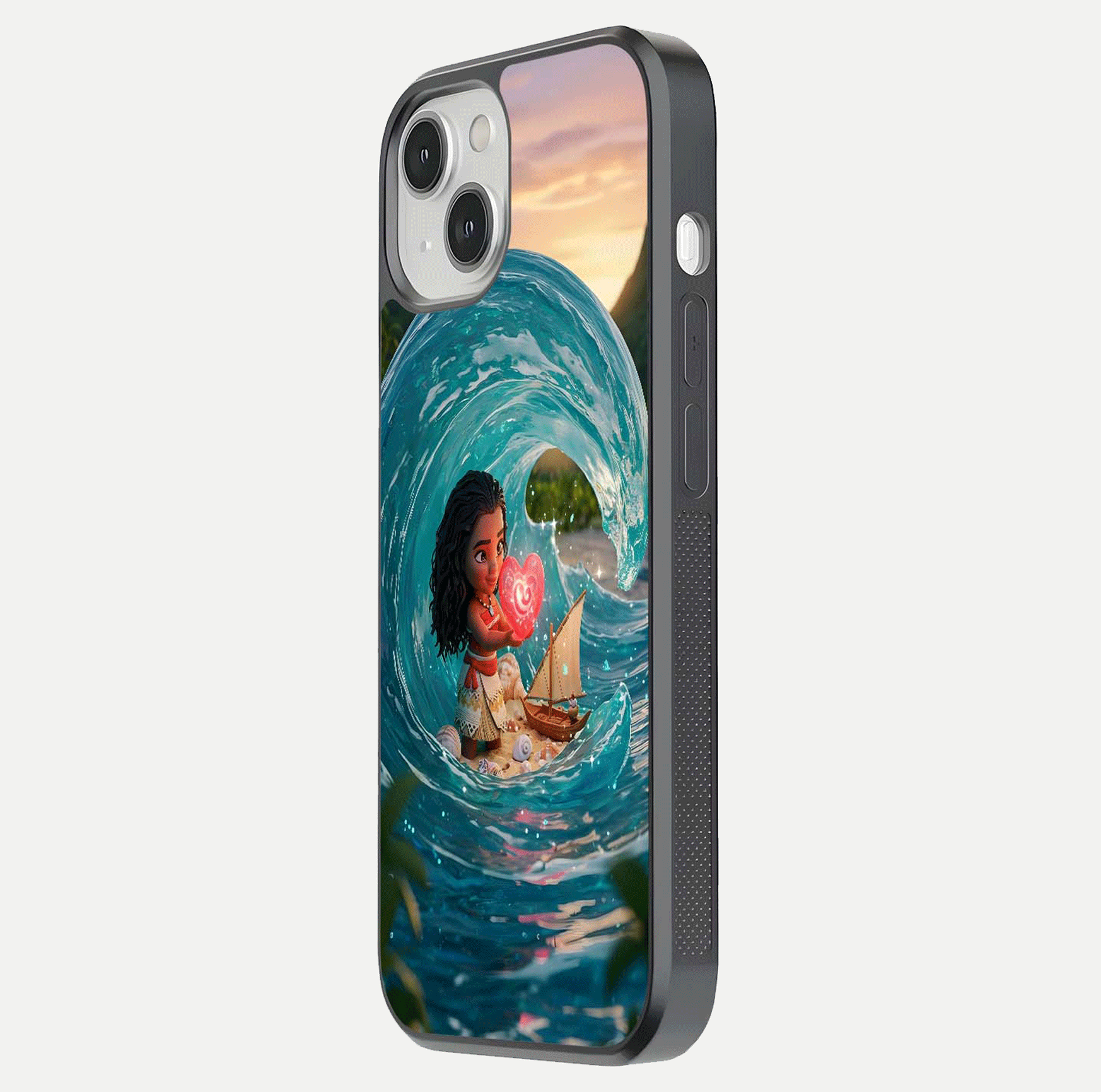 Heart of Ocean Glass Case for iPhone 13 Mini side-angle image showing reflection clarity and deep ocean texture