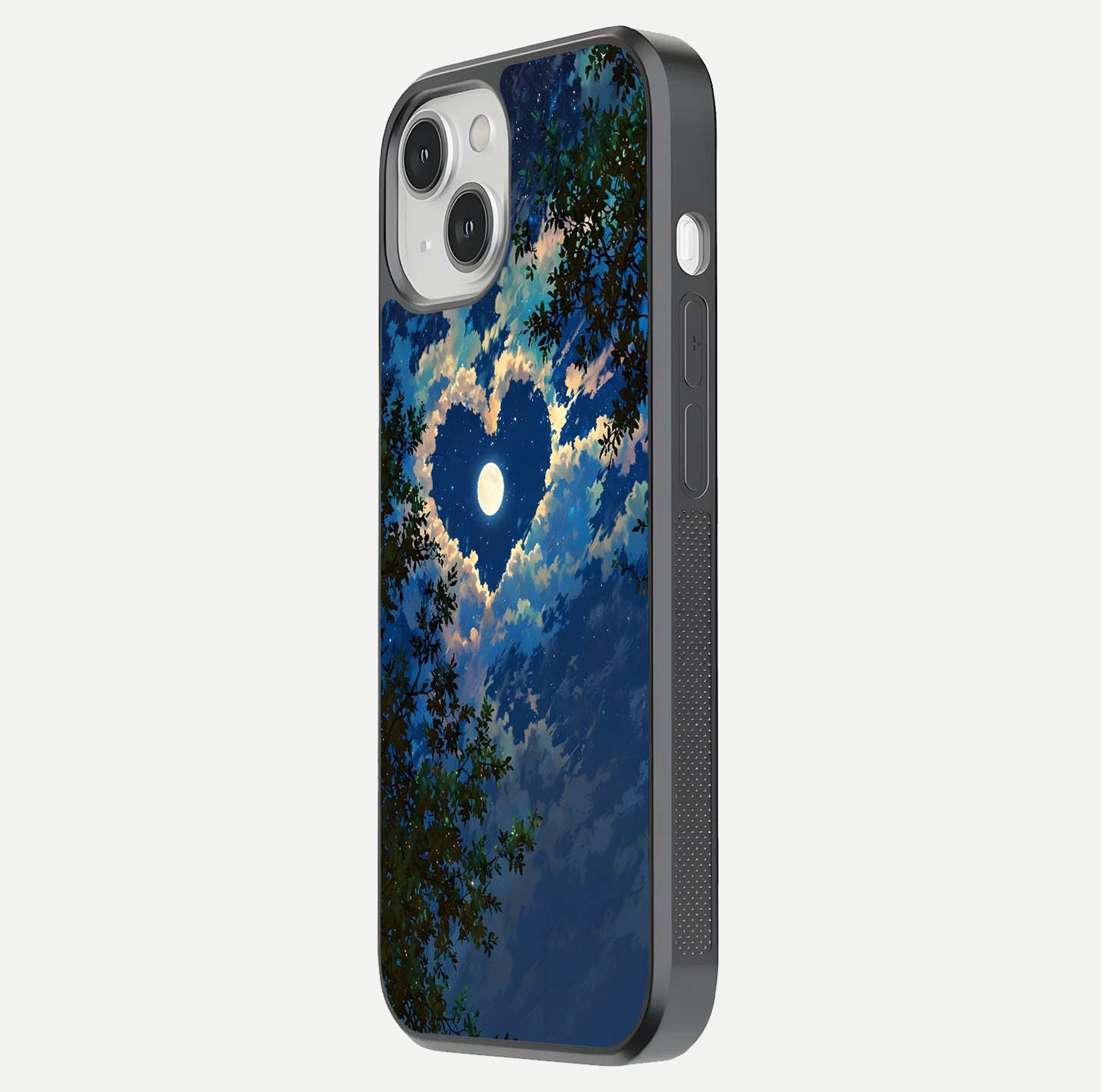Heart with Moon Sky Glass Case for iPhone 13 Mini side-angle image showing reflection brightness and soft tone finish
