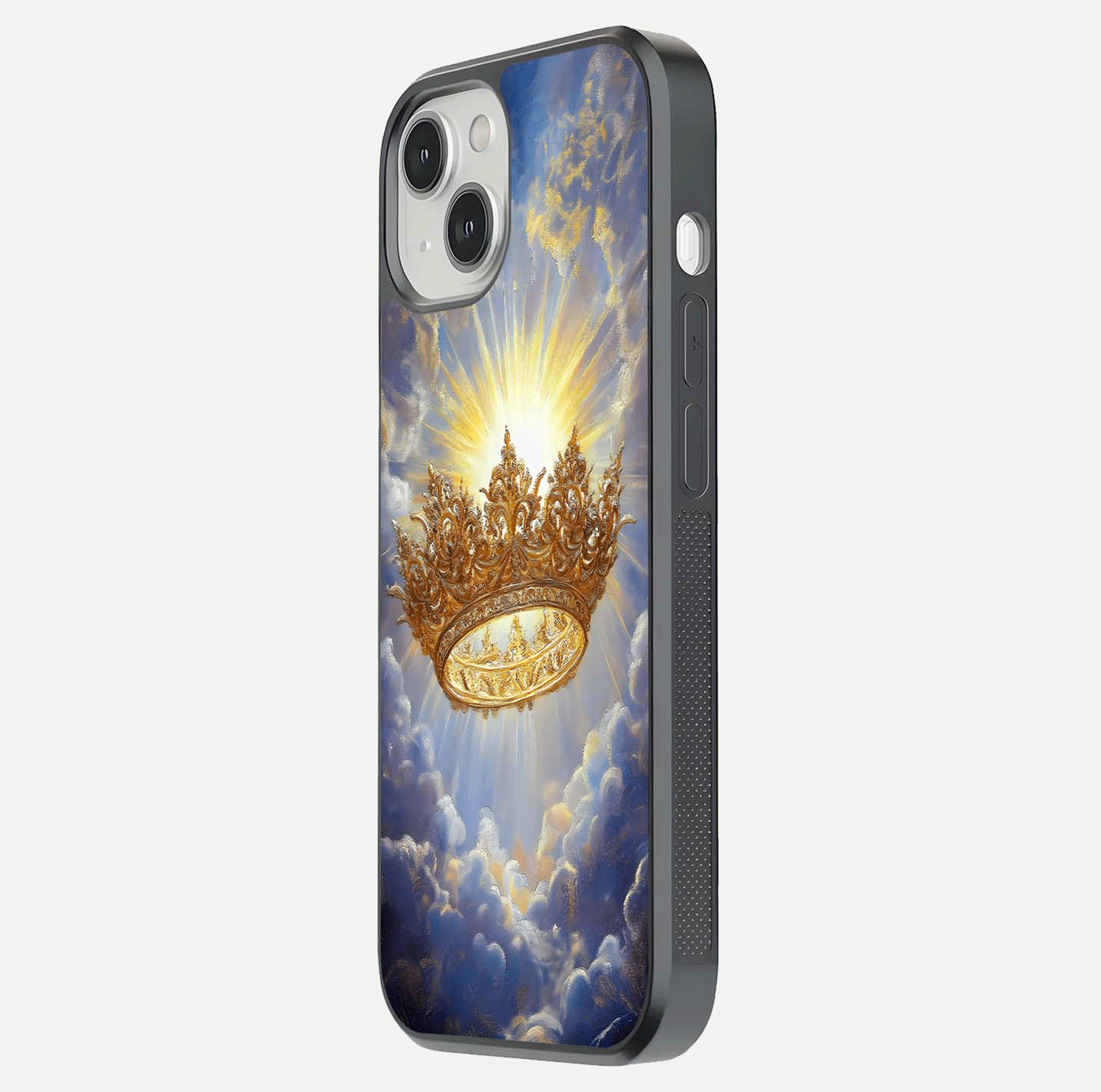 Heavenly Crown Light Glass Case for iPhone 13 Mini side-angle image showing reflection brilliance and elegant divine art