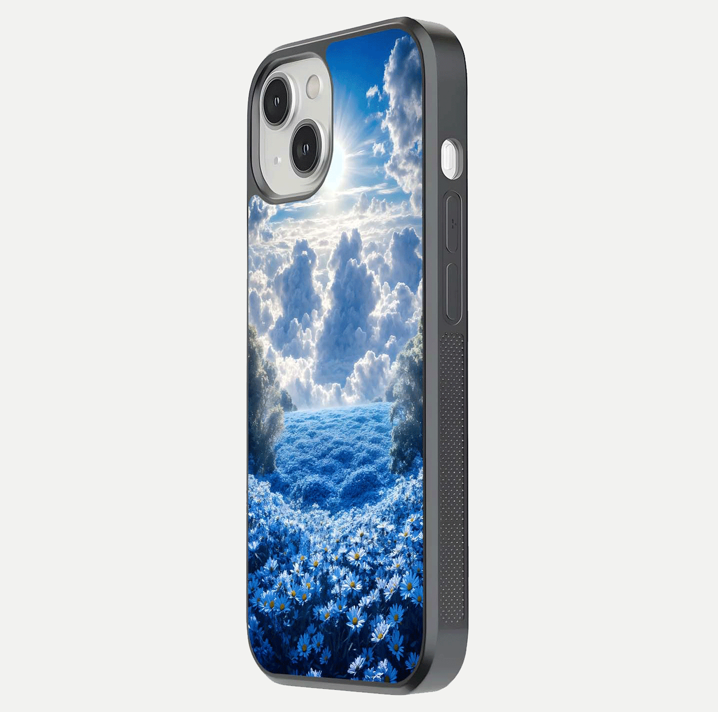 Heavenly Daisy Horizon Glass Case for iPhone 13 Mini side-angle image showing reflection depth and floral glow