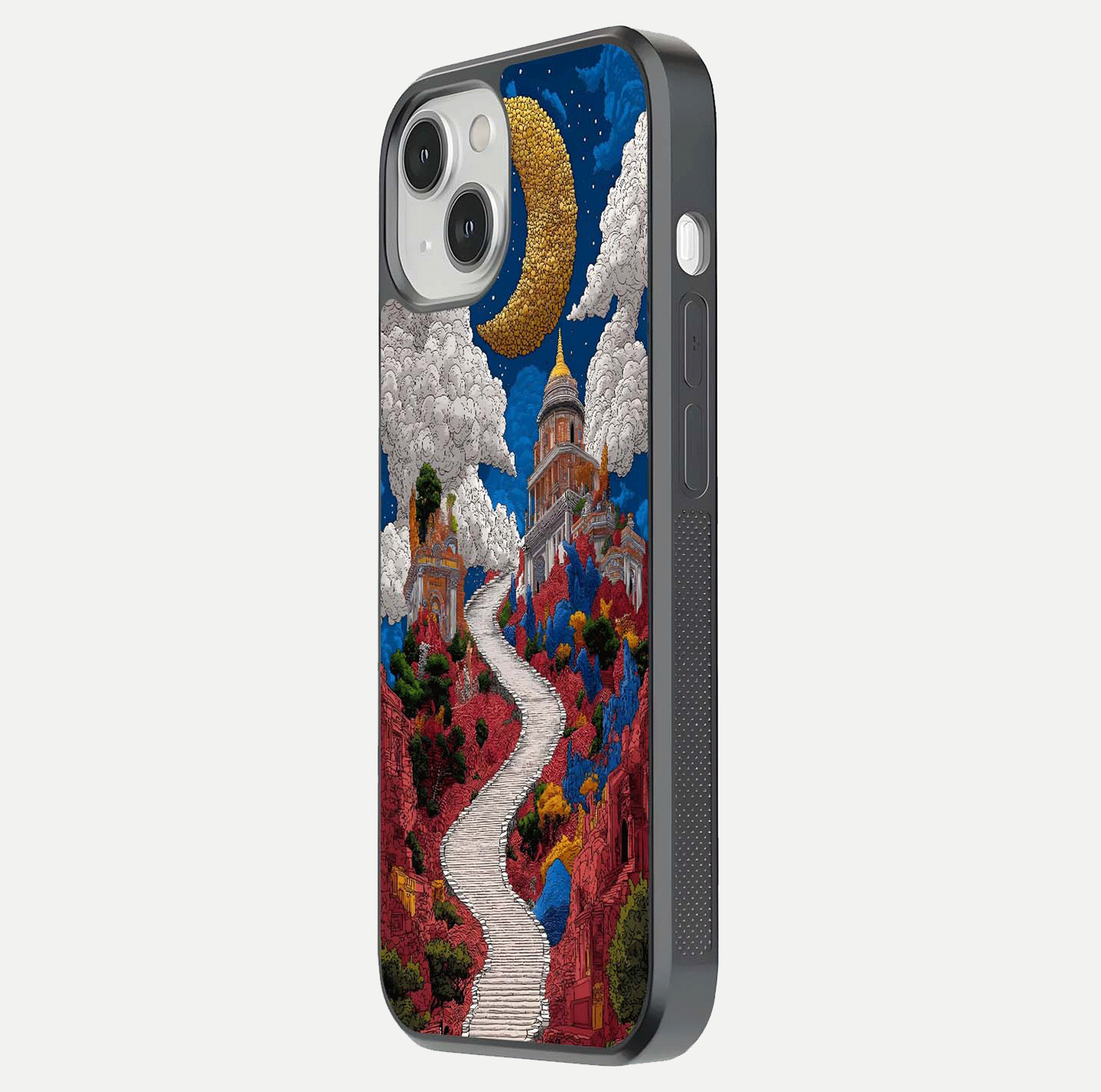Heavenly Moon Path Glass Case for iPhone 13 Mini side-angle image showing reflection clarity and serene moon glow