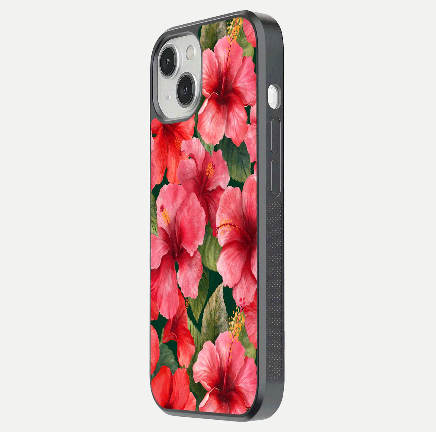 Hibiscus Pattern Glass Case for iPhone 13 Mini side-angle image showing reflection brightness and floral detailing
