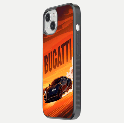 Inferno Bugatti Storm Glass Case for iPhone 13 Mini side-angle image showing reflection glow and vibrant red tones