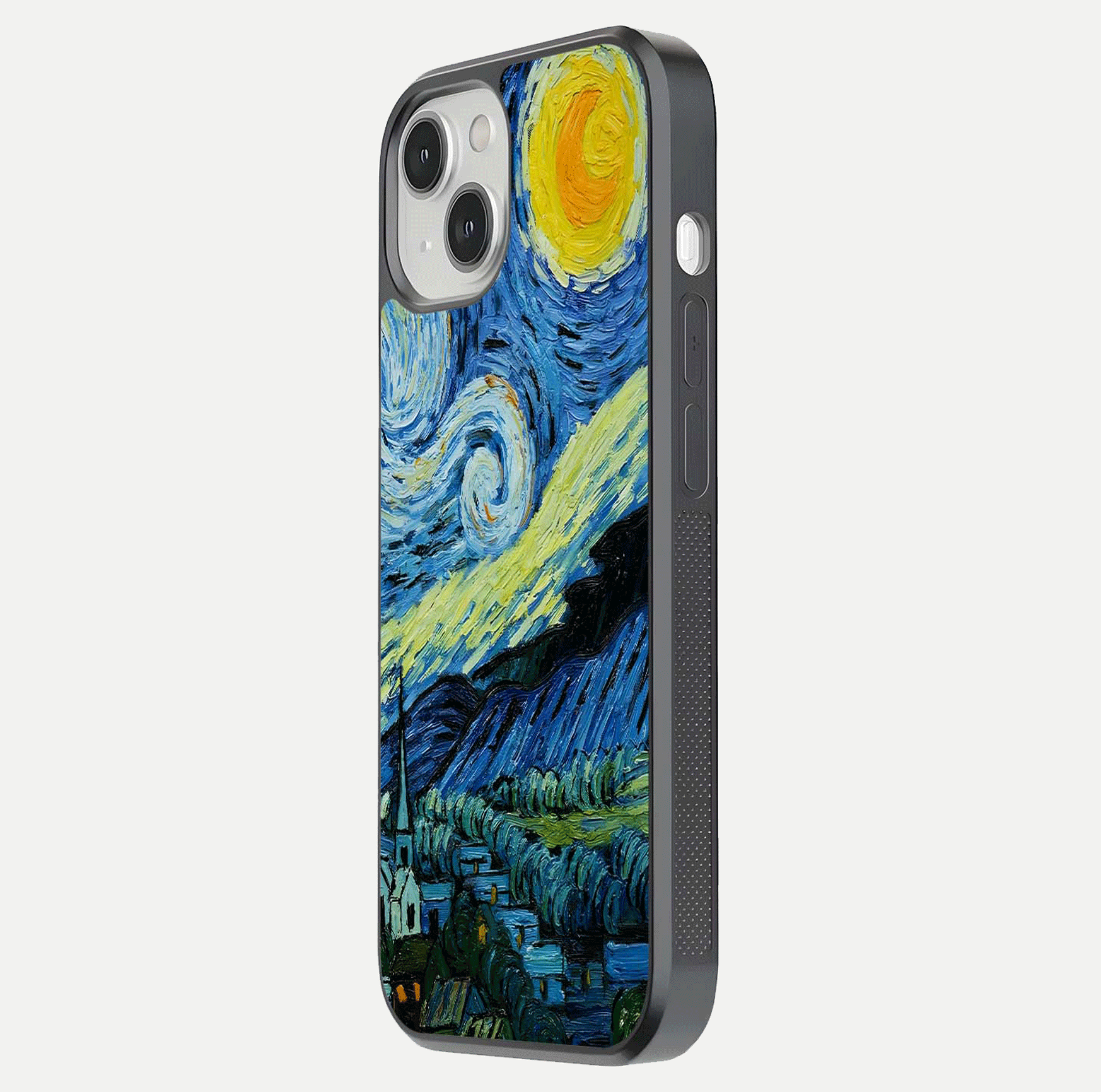 Inspired Van Gogh Art Glass Case for iPhone 13 Mini side-angle image showing reflection brilliance and painted surface look