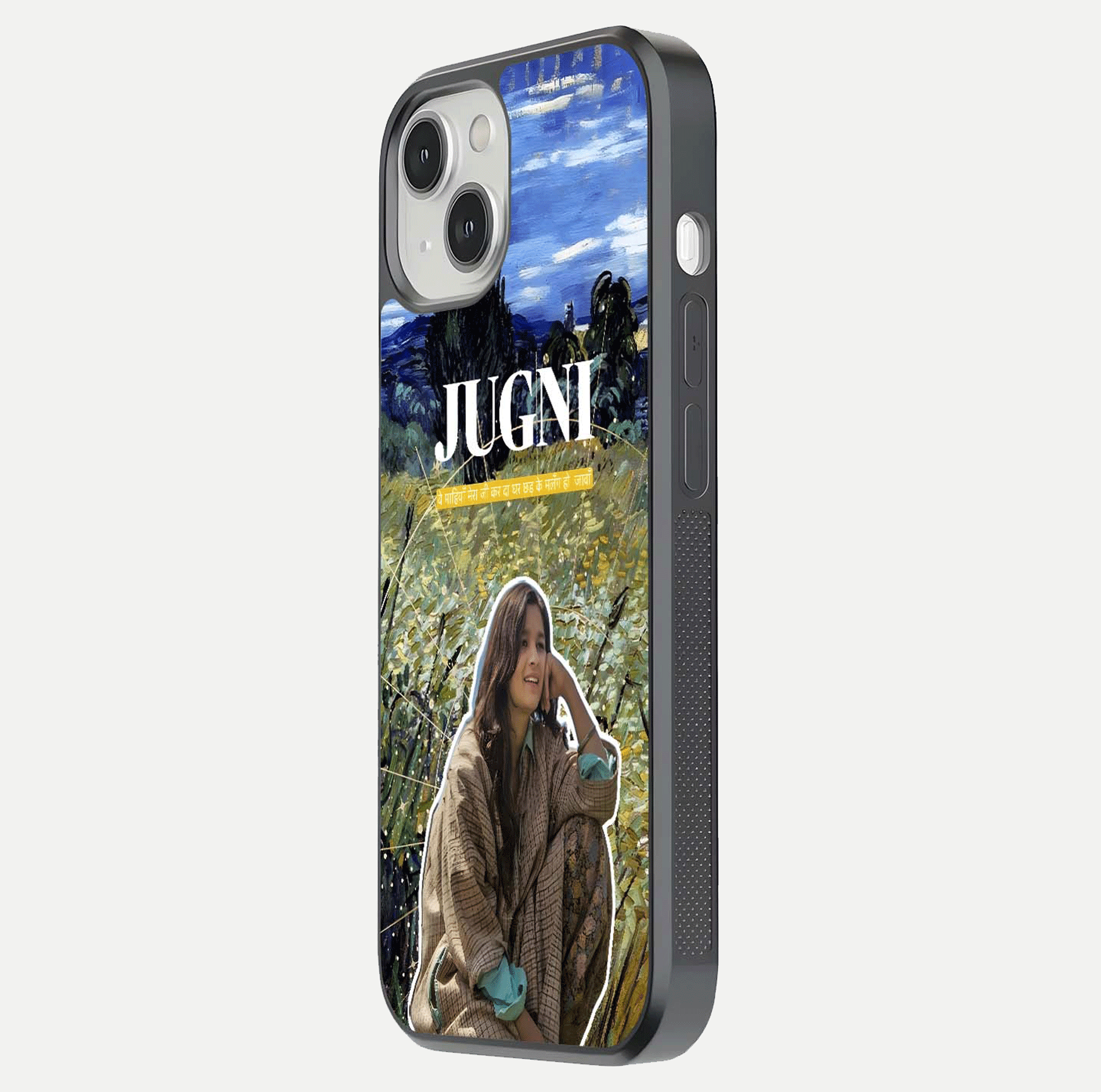 Jugni Soul Vibes Glass Case for iPhone 13 Mini side-angle image with stylish typography and HD finish