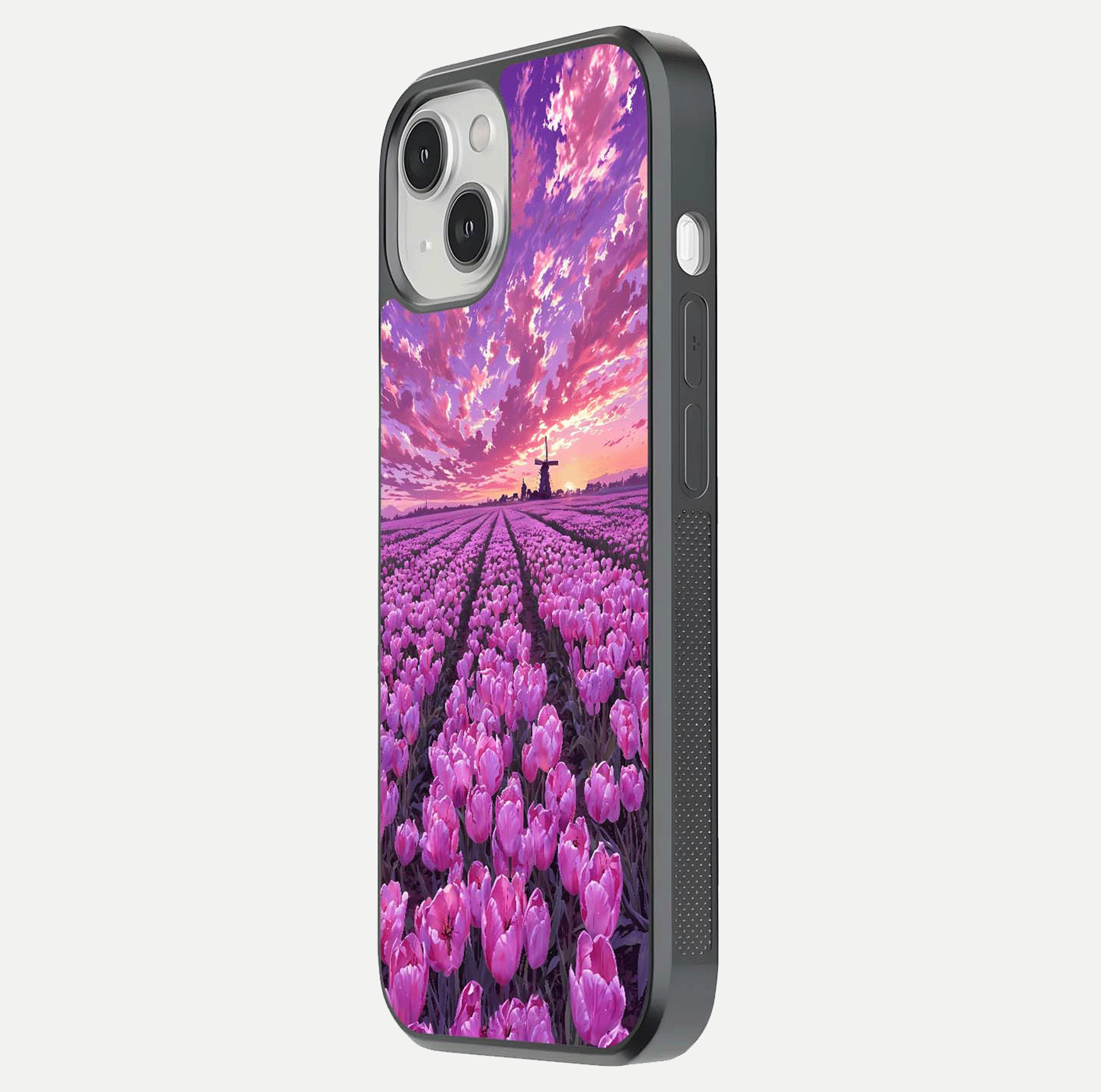 Lavender Dream Skies Glass Case for iPhone 13 Mini side-angle image showing reflection depth and serene tones