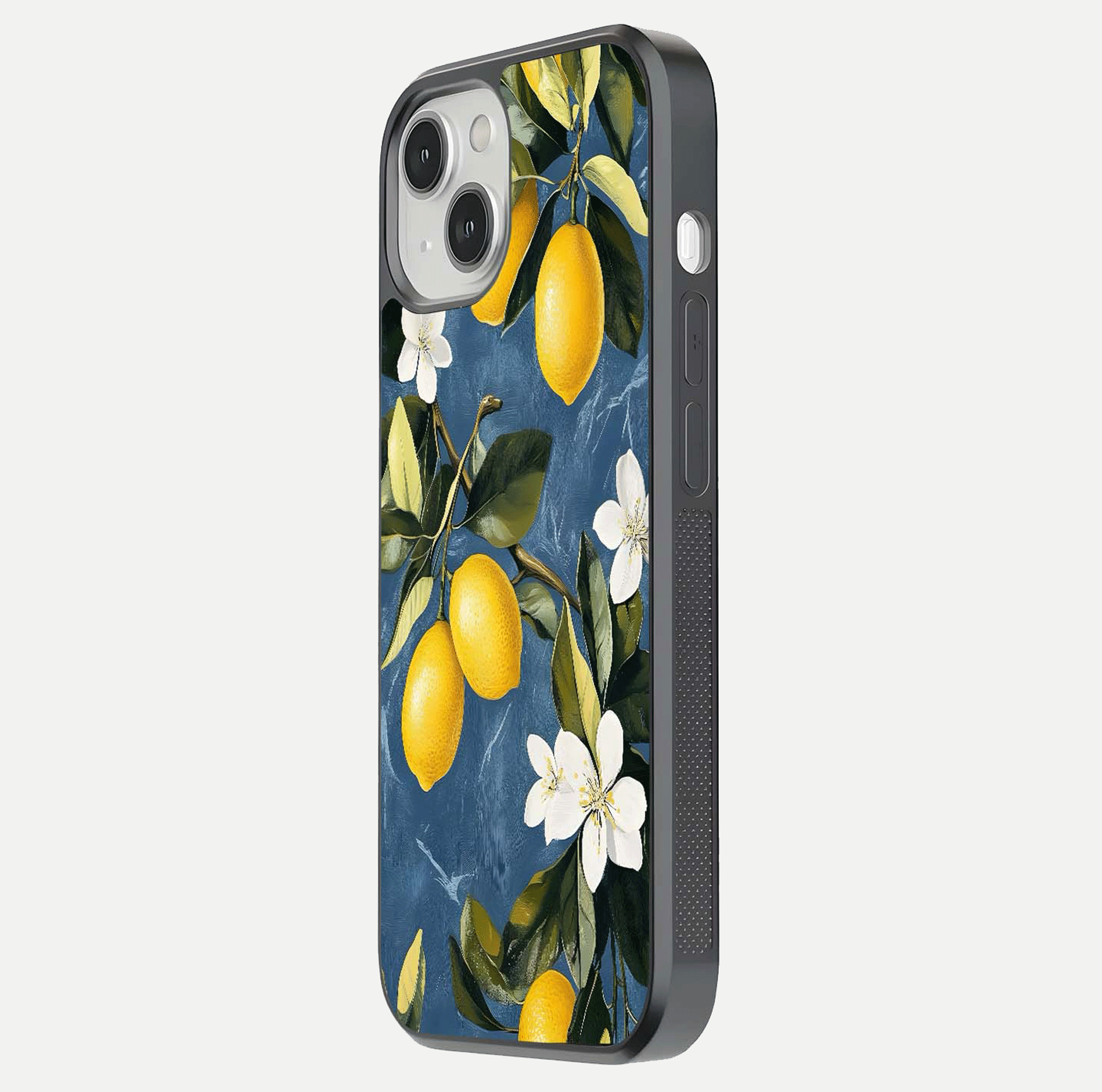 Lemon Dream Garden Glass Case for iPhone 13 Mini side-angle image showing reflection clarity and artistic fruit design