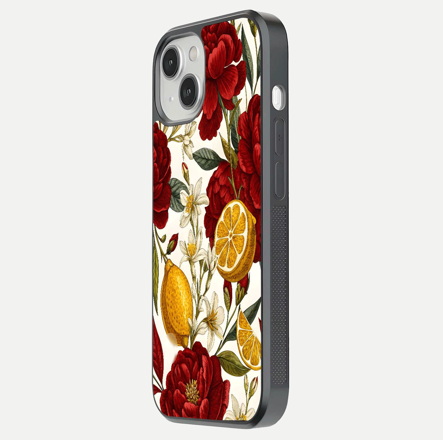 Lemon Rose Charm Glass Case for iPhone 13 Mini side-angle image revealing reflection depth and vibrant flower art