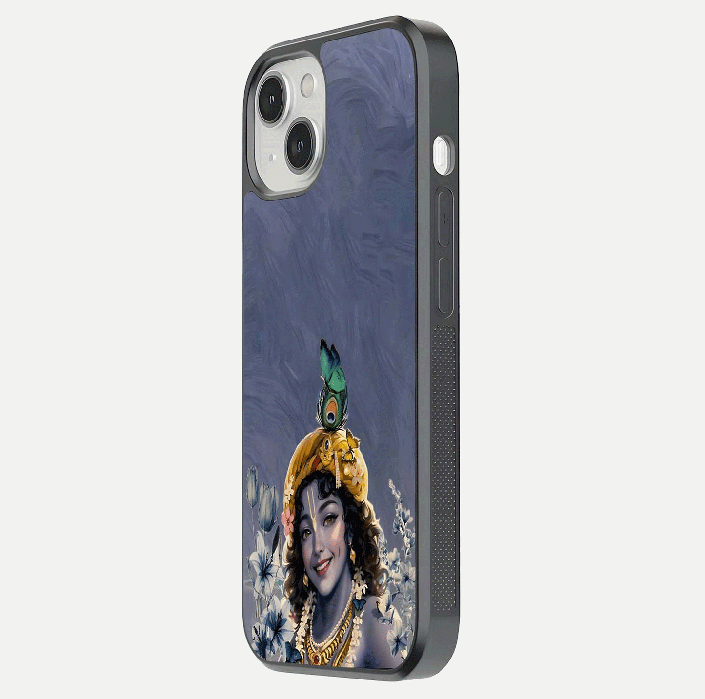 Lord Krishna Glass Case for iPhone 13 Mini side-angle image emphasizing premium reflection and sacred motif