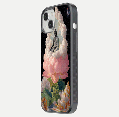 Lotus Divine Peace Glass Case for iPhone 13 Mini side-angle shot showing elegant shine and floral symmetry