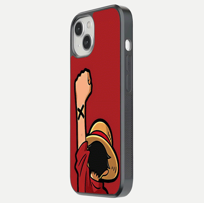 Luffy X Spirit Glass Case for iPhone 13 Mini side-angle image highlighting reflection strength and anime print
