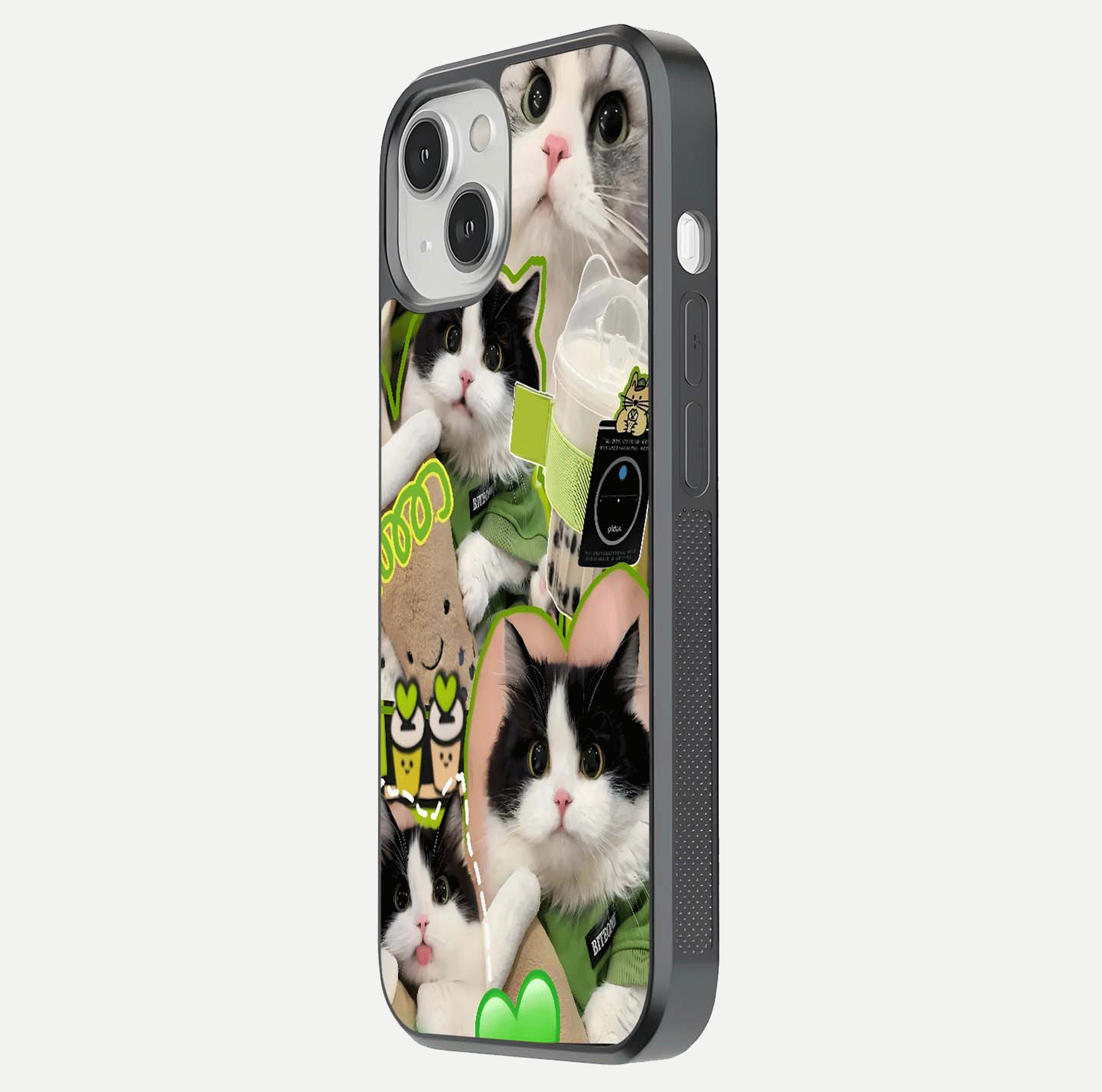 Matcha Cats Mood Glass Case for iPhone 13 Mini side-angle image showing shine clarity and cat pattern charm