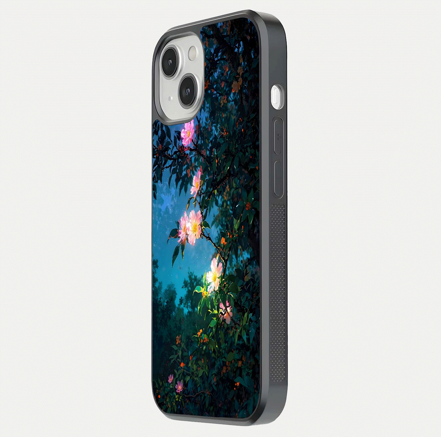 Midnight Bloom Glow Glass Case for iPhone 13 Mini side-angle image revealing reflection and deep midnight hues