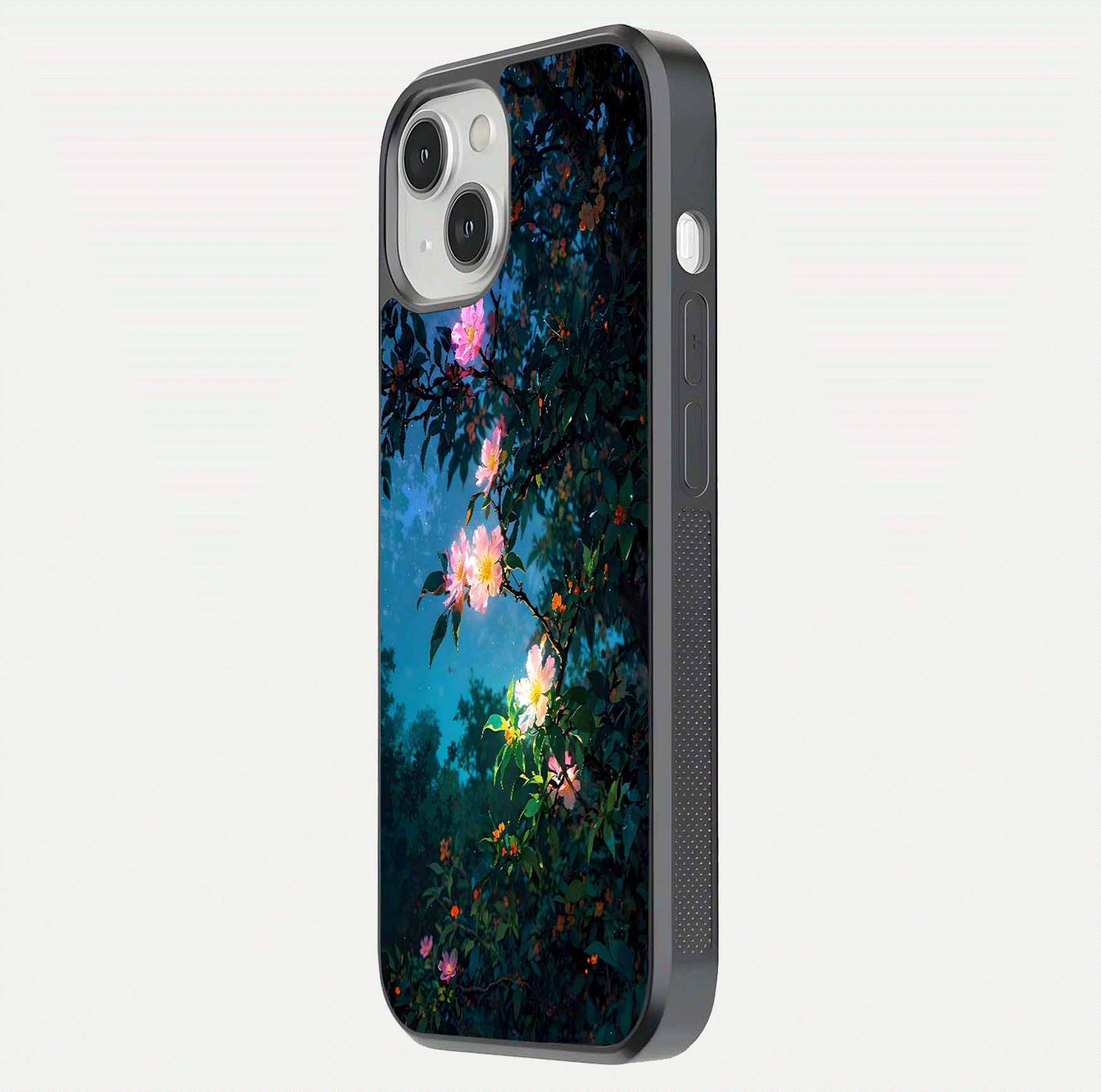 Midnight Bloom Glow Glass Case for iPhone 13 Mini side-angle image revealing reflection and deep midnight hues